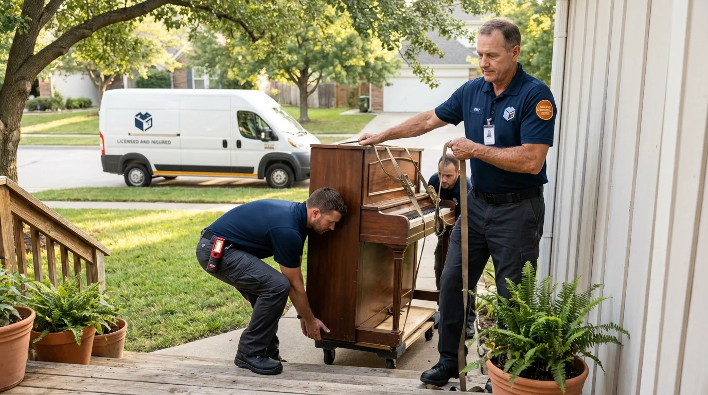 Licensed piano movers securing grand piano in Gallup, NM