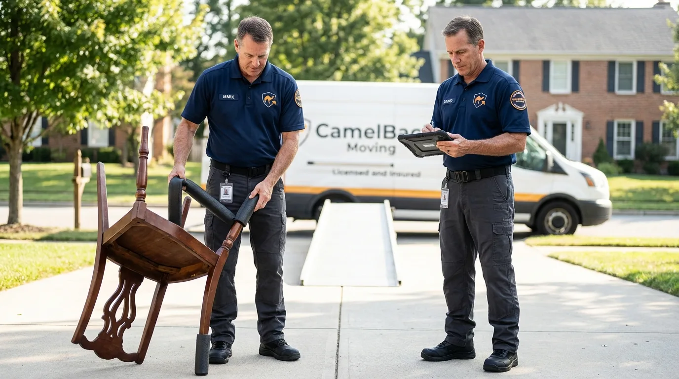 Movers inspecting furniture for damage prevention before loading in Gallup, NM