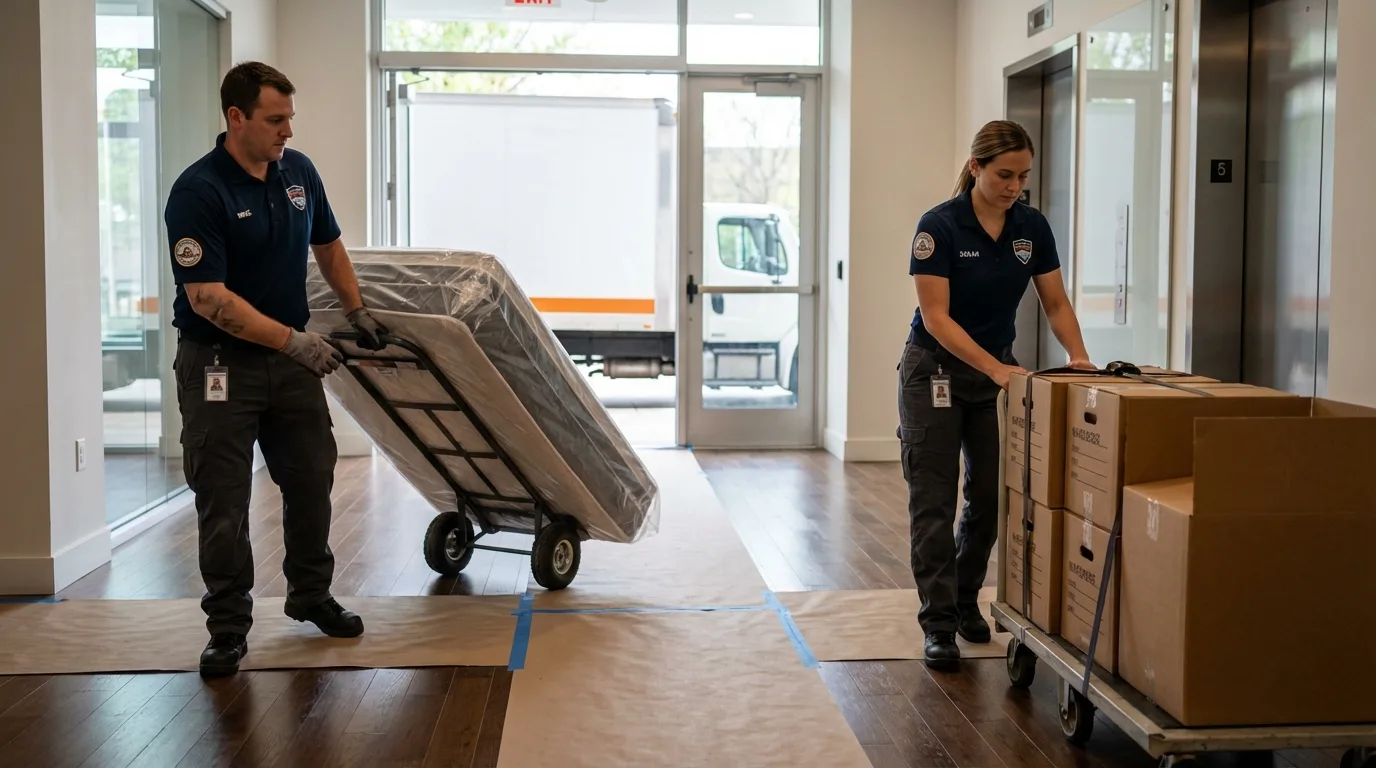 Professional apartment movers loading elevator in Gallup, NM