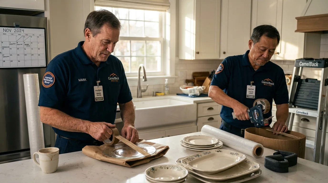 Professional crew packing kitchen dishware in Gallup, NM